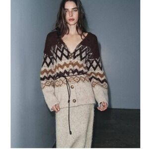 ZARA Knit Cardigan Large Fair Isle Wool Blend Sequin Beaded Belted Sweater Jckt